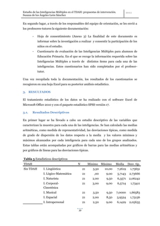 Estudio de las Inteligencias Múltiples en el TDAH: propuestas de intervención.
Susana de los Ángeles León Sánchez


En segundo lugar, a través de los responsables del equipo de orientación, se les envió a
los profesores-tutores la siguiente documentación:

        -   Hoja de consentimiento (Anexo 3) La finalidad de este documento es
            informar sobre la investigación a realizar y consentir la participación de los
            niños en el estudio.
        -   Cuestionario de evaluación de las Inteligencias Múltiples para alumnos de
            Educación Primaria. En el que se recoge la información requerida sobre las
            Inteligencias Múltiples a través de distintos ítems para cada una de las
            inteligencias. Estos cuestionarios han sido completados por el profesor-
            tutor.

Una vez recopilada toda la documentación, los resultados de los cuestionarios se
recogieron en una hoja Excel para su posterior análisis estadístico.

3. RESULTADOS

El tratamiento estadístico de los datos se ha realizado con el software Excel de
Microsoft Office 2010 y con el paquete estadístico SPSS versión 17.

3.1.    Resultados Descriptivos

En primer lugar se ha llevado a cabo un estudio descriptivo de las variables que
caracterizan la muestra para cada una de las inteligencias. Se han calculado las medias
aritméticas, como medida de representatividad, las desviaciones típicas, como medida
de grado de dispersión de los datos respecto a la media y los valores mínimos y
máximos alcanzados por cada inteligencia para cada uno de los grupos analizados.
Estas tablas están acompañadas por gráficos de barras para las medias aritméticas y
por gráficos de líneas para las desviaciones típicas.

Tabla 5 Estadísticos descriptivos
TDAH                                          N         Mínimo    Máximo     Media        Desv. típ.
Sin TDAH         I. Lingüística                    21      3,50     10,00        7,2619     1,73651
                 I. Lógico-Matemática              21      ,00       9,00        5,7143    2,73666
                 I. Naturista                      21     2,00       9,50        6,3571    2,06242
                 I. Corporal-                      21     3,00       9,00        6,5714     1,73411
                 Cinestésica
                 I. Musical                        21      3,50      9,50        7,0000    1,66583
                 I. Espacial                       21     2,00       8,50        5,9524     1,73136
                 I. Intrapersonal                  21      2,50      9,00        6,1429    2,05635

                                              39
 
