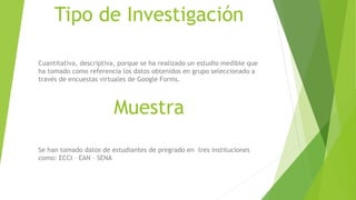 Tipo de Investigación
Cuantitativa, descriptiva, porque se ha realizado un estudio medible que
ha tomado como referencia los datos obtenidos en grupo seleccionado a
través de encuestas virtuales de Google Forms.
Muestra
Se han tomado datos de estudiantes de pregrado en tres instituciones
como: ECCI – EAN – SENA
 