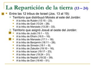 La Repartición de la tierra (13 – 24)
   Entre las 12 tribus de Israel (Jos. 13 al 19):
     Territorio que distribuyó Moisés al este del Jordán:
           A la tribu de Rubén (13:15 – 23).
           A la tribu de Gad (13:24 – 28).
           A la tribu de Manasés (13:29 – 33).
       Territorio que asignó Josué al oeste del Jordán:
           A la tribu de Judá (15:1 – 12).
           A la tribu de Efraín (16:5 – 10).
           A la tribu de Manasés (17:1 – 18).
           A la tribu de Benjamín (18:11 – 28).
           A la tribu de Simeón (19:1 – 9).
           A la tribu de Zabulón (19:10 – 16).
           A la tribu de Isacar (19:17 – 23).
           A la tribu de Aser (19:24 – 31).
           A la tribu de Neptalí (19:32 – 39).
           A la tribu de Dan (19:40 – 51).
 