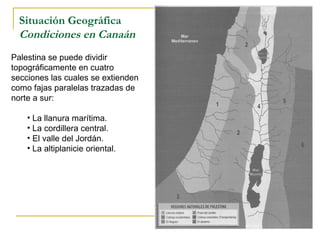 Situación Geográfica
  Condiciones en Canaán
Palestina se puede dividir
topográficamente en cuatro
secciones las cuales se extienden
como fajas paralelas trazadas de
norte a sur:

    • La llanura marítima.
    • La cordillera central.
    • El valle del Jordán.
    • La altiplanicie oriental.
 