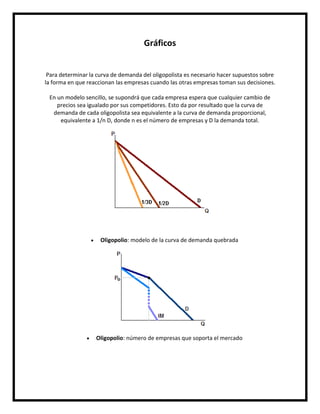 Gráficos

Para determinar la curva de demanda del oligopolista es necesario hacer supuestos sobre
la forma en que reaccionan las empresas cuando las otras empresas toman sus decisiones.
En un modelo sencillo, se supondrá que cada empresa espera que cualquier cambio de
precios sea igualado por sus competidores. Esto da por resultado que la curva de
demanda de cada oligopolista sea equivalente a la curva de demanda proporcional,
equivalente a 1/n D, donde n es el número de empresas y D la demanda total.

Oligopolio: modelo de la curva de demanda quebrada

Oligopolio: número de empresas que soporta el mercado

 