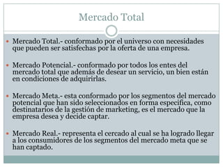 Mercado TotalMercado Total.- conformado por el universo con necesidades que pueden ser satisfechas por la oferta de una empresa.Mercado Potencial.- conformado por todos los entes del mercado total que además de desear un servicio, un bien están en condiciones de adquirirlas.Mercado Meta.- esta conformado por los segmentos del mercado potencial que han sido seleccionados en forma especifica, como destinatarios de la gestión de marketing, es el mercado que la empresa desea y decide captar.Mercado Real.- representa el cercado al cual se ha logrado llegar a los consumidores de los segmentos del mercado meta que se han captado.