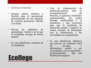 Ecollege
• Software comercial.
• Entorno global, intuitivo y
flexible para el aprendizaje
personalizado de los alumnos
de sistema presencial, híbrido
o en línea.
• Provee un ambiente de
aprendizaje intuitivo en el que
el estudiante navega de forma
natural.
• Es una plataforma centrada en
el estudiante.
• Con la colaboración de
profesores/autores más el
acompañamiento de
Pearson, se generan contenidos
institucionales, los cuales
brindan uniformidad a la
enseñanza y una estructura
para que el estudiante de
educación media y superior se
sienta cómodo al interactuar
con la información y las
actividades en la plataforma.
• Es una plataforma didáctica
que provee un ambiente fácil
de navegar y
administrar, acorde a sus
necesidades, con la seguridad y
profesionalismo que una
Institución requiere.
 