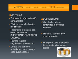 VENTAJAS
Software libre(actualización
permanente)
Fácil de usar, plurilingüe,
modificable.
Fácilmente integrable con
otras plataformas:
SLIDESHARE,FACEBOOK,
DRUPAL,
Permite realizar
seguimiento y monitoreo
Ofrece una serie de
actividades: foros, tareas,
chat, cuestionarios)
DESVENTAJAS
Muestra los mismos
contenidos a todos los
alumnos
El interfaz cambia muy
poco de versión
Su soporte para evaluación
de competencias es muy
básico
 