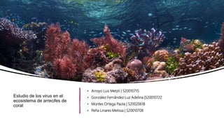 Estudio de los virus en el
ecosistema de arrecifes de
coral
• Arroyo Luis Metzli | S20010715
• González Fernández Luz Adelina |S20010722
• Montes Ortega Paola | S20020618
• Peña Linares Melissa | S20010708
 