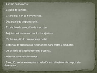 • Estudio de métodos.

• Estudio de tiempos.

• Estandarización de herramientas.

• Departamento de planeación.

• El principio de excepción de la admón.

• Tarjetas de instrucción para los trabajadores.

• Reglas de cálculo para corte de metal.

• Sistemas de clasificación mnemónicos para partes y productos.

• Un sistema de direccionamiento (routing).

• Métodos para calcular costos.

• Selección de los empleados en relación con el trabajo y bono por alto
desempeño.
 