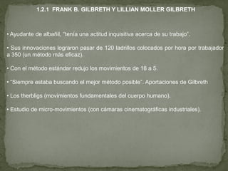 1.2.1 FRANK B. GILBRETH Y LILLIAN MOLLER GILBRETH



• Ayudante de albañil, “tenía una actitud inquisitiva acerca de su trabajo”.

• Sus innovaciones lograron pasar de 120 ladrillos colocados por hora por trabajador
a 350 (un método más eficaz).

• Con el método estándar redujo los movimientos de 18 a 5.

• “Siempre estaba buscando el mejor método posible”. Aportaciones de Gilbreth

• Los therbligs (movimientos fundamentales del cuerpo humano).

• Estudio de micro-movimientos (con cámaras cinematográficas industriales).
 