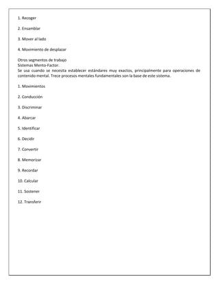 1. Recoger
2. Ensamblar
3. Mover al lado
4. Movimiento de desplazar
Otros segmentos de trabajo
Sistemas Mento-Factor.
Se usa cuando se necesita establecer estándares muy exactos, principalmente para operaciones de
contenido mental. Trece procesos mentales fundamentales son la base de este sistema.
1. Movimientos
2. Conducción
3. Discriminar
4. Abarcar
5. Identificar
6. Decidir
7. Convertir
8. Memorizar
9. Recordar
10. Calcular
11. Sostener
12. Transferir

 