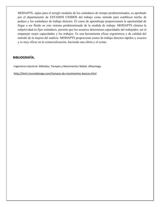 MODAPTS, siglas para el arreglo modular de los estándares de tiempo predeterminados, es aprobado
por el departamento de ESTADOS UNIDOS del trabajo como método para establecer tarifas de
pedazo y los estándares de trabajo directos. El curso de aprendizaje proporcionará la oportunidad de
llegar a ser fluido en este sistema predeterminado de la medida de trabajo. MODAPTS elimina la
subjetividad en fijar estándares, permite que los usuarios determinen capacidades del trabajador, así el
emparejar mejor capacidades y los trabajos. Es una herramienta eficaz ergonómica y de calidad del
método de la mejora del análisis. MODAPTS proporciona costes de trabajo directos rápidos y exactos
y es muy eficaz en la comercialización, haciendo una oferta y el costar.

BIBLIOGRAFÍA.
-Ingeniería Industrial. Métodos, Tiempos y Movimientos Niebel. Alfaomega.
-http://html.rincondelvago.com/tiempos-de-movimientos-basicos.html

 