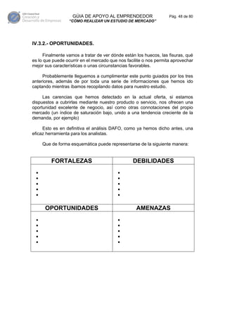 GÚIA DE APOYO AL EMPRENDEDOR                    Pág. 48 de 80
                  “CÓMO REALIZAR UN ESTUDIO DE MERCADO”




IV.3.2.- OPORTUNIDADES.

     Finalmente vamos a tratar de ver dónde están los huecos, las fisuras, qué
es lo que puede ocurrir en el mercado que nos facilite o nos permita aprovechar
mejor sus características o unas circunstancias favorables.

     Probablemente lleguemos a cumplimentar este punto guiados por los tres
anteriores, además de por toda una serie de informaciones que hemos ido
captando mientras íbamos recopilando datos para nuestro estudio.

     Las carencias que hemos detectado en la actual oferta, si estamos
dispuestos a cubrirlas mediante nuestro producto o servicio, nos ofrecen una
oportunidad excelente de negocio, así como otras connotaciones del propio
mercado (un índice de saturación bajo, unido a una tendencia creciente de la
demanda, por ejemplo)

     Esto es en definitiva el análisis DAFO, como ya hemos dicho antes, una
eficaz herramienta para los analistas.

     Que de forma esquemática puede representarse de la siguiente manera:


         FORTALEZAS                              DEBILIDADES
 •                                        •
 •                                        •
 •                                        •
 •                                        •
 •                                        •


      OPORTUNIDADES                                AMENAZAS
 •                                        •
 •                                        •
 •                                        •
 •                                        •
 •                                        •
 