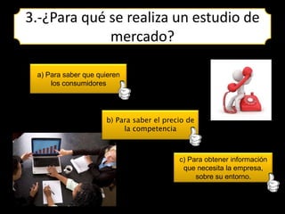 3.-¿Para qué se realiza un estudio de
             mercado?

 a) Para saber que quieren
     los consumidores




                     b) Para saber el precio de
                          la competencia



                                          c) Para obtener información
                                           que necesita la empresa,
                                               sobre su entorno.
 