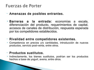 •   Amenazas de posibles entrantes.

   Barreras a la entrada: economías a escala,
    diferenciación del producto, requerimientos de capital,
    accesos de canales de distribución, respuesta esperada
    por los competidores establecidos.

•   Rivalidad entre competidores existentes.
   Competencia en precios y/o cantidades, introducción de nuevos
    productos, servicio post-venta, entre otros.

•   Productos sustitutos.
   Indirectamente, los bienes sustitutos, podrían ser los productos
    hechos a base de yogurt, avena, entre otros.
 