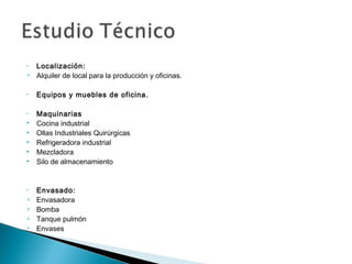 •   Localización:
   Alquiler de local para la producción y oficinas.

•   Equipos y muebles de oficina.
 
•   Maquinarias
   Cocina industrial
   Ollas Industriales Quirúrgicas
   Refrigeradora industrial
   Mezcladora
   Silo de almacenamiento


•   Envasado:
   Envasadora
   Bomba
   Tanque pulmón
   Envases

 
 