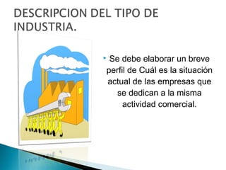 Se debe elaborar un breve
perfil de Cuál es la situación
actual de las empresas que
   se dedican a la misma
     actividad comercial.
 