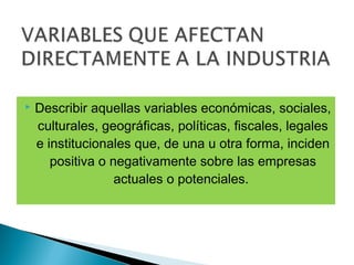   Describir aquellas variables económicas, sociales,
    culturales, geográficas, políticas, fiscales, legales
    e institucionales que, de una u otra forma, inciden
       positiva o negativamente sobre las empresas
                   actuales o potenciales.
 