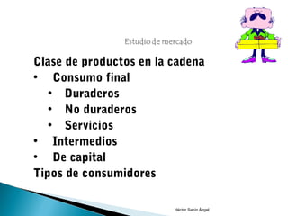 Clase de productos en la cadena
• Consumo final
   • Duraderos
   • No duraderos
   • Servicios
• Intermedios
• De capital
Tipos de consumidores

                         Héctor Sanín Ángel
 