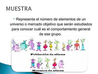  Representa el número de elementos de un
universo o mercado objetivo que serán estudiados
 para conocer cuál es el comportamiento general
                 de ese grupo.
 