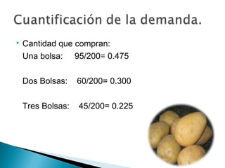    Cantidad que compran:
    Una bolsa: 95/200= 0.475

    Dos Bolsas:    60/200= 0.300

    Tres Bolsas:   45/200= 0.225
 