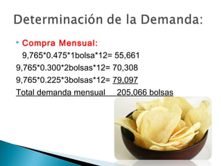 Compra Mensual:
  9,765*0.475*1bolsa*12= 55,661
9,765*0.300*2bolsas*12= 70,308
9,765*0.225*3bolsas*12= 79,097
Total demanda mensual 205,066 bolsas
 