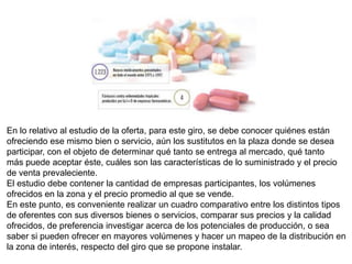En lo relativo al estudio de la oferta, para este giro, se debe conocer quiénes están
ofreciendo ese mismo bien o servicio, aún los sustitutos en la plaza donde se desea
participar, con el objeto de determinar qué tanto se entrega al mercado, qué tanto
más puede aceptar éste, cuáles son las características de lo suministrado y el precio
de venta prevaleciente.
El estudio debe contener la cantidad de empresas participantes, los volúmenes
ofrecidos en la zona y el precio promedio al que se vende.
En este punto, es conveniente realizar un cuadro comparativo entre los distintos tipos
de oferentes con sus diversos bienes o servicios, comparar sus precios y la calidad
ofrecidos, de preferencia investigar acerca de los potenciales de producción, o sea
saber si pueden ofrecer en mayores volúmenes y hacer un mapeo de la distribución en
la zona de interés, respecto del giro que se propone instalar.
 