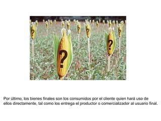 Por último, los bienes finales son los consumidos por el cliente quien hará uso de
ellos directamente, tal como los entrega el productor o comercializador al usuario final.
 