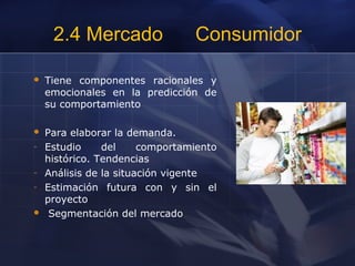 2.4 Mercado Consumidor
 Tiene componentes racionales y
emocionales en la predicción de
su comportamiento
 Para elaborar la demanda.
- Estudio del comportamiento
histórico. Tendencias
- Análisis de la situación vigente
- Estimación futura con y sin el
proyecto
 Segmentación del mercado
 