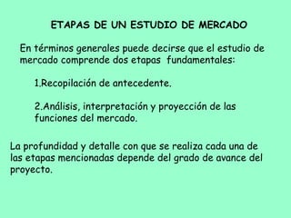 ETAPAS DE UN ESTUDIO DE MERCADO
 
En términos generales puede decirse que el estudio de
mercado comprende dos etapas fundamentales:
 
1.Recopilación de antecedente.
 
2.Análisis, interpretación y proyección de las
funciones del mercado.
La profundidad y detalle con que se realiza cada una de
las etapas mencionadas depende del grado de avance del
proyecto.
 