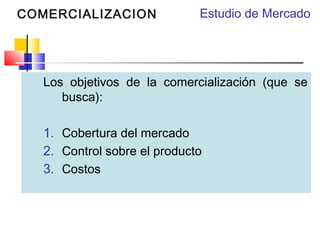 COMERCIALIZACION

Estudio de Mercado

Los objetivos de la comercialización (que se
busca):
 
1. Cobertura del mercado
2. Control sobre el producto
3. Costos

 
