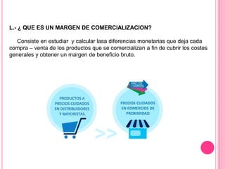 L.- ¿ QUE ES UN MARGEN DE COMERCIALIZACION?
Consiste en estudiar y calcular lasa diferencias monetarias que deja cada
compra – venta de los productos que se comercializan a fin de cubrir los costes
generales y obtener un margen de beneficio bruto.
 