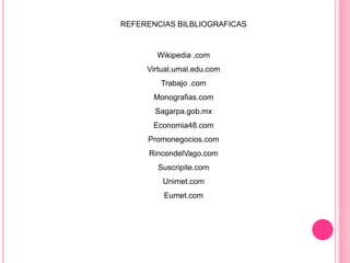 REFERENCIAS BILBLIOGRAFICAS
Wikipedia .com
Virtual.umal.edu.com
Trabajo .com
Monografias.com
Sagarpa.gob.mx
Economia48.com
Promonegocios.com
RincondelVago.com
Suscripite.com
Unimet.com
Eumet.com
 