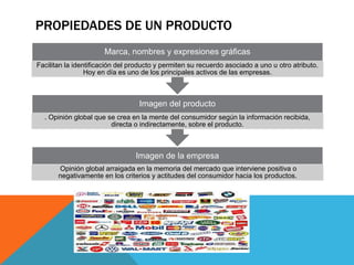 PROPIEDADES DE UN PRODUCTO
Imagen de la empresa
Opinión global arraigada en la memoria del mercado que interviene positiva o
negativamente en los criterios y actitudes del consumidor hacia los productos.
Imagen del producto
. Opinión global que se crea en la mente del consumidor según la información recibida,
directa o indirectamente, sobre el producto.
Marca, nombres y expresiones gráficas
Facilitan la identificación del producto y permiten su recuerdo asociado a uno u otro atributo.
Hoy en día es uno de los principales activos de las empresas.
 