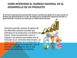 COMO INTERVIENE EL INGRESO NACIONAL EN EL
DESARROLLO DE UN PRODUCTO
Es de suma importancia ya que permite conocer la producción global de un país durante un
período que generalmente es un año. Se integra por la producción empresarial privada, la
gubernamental, la externa y la mixta que se realiza dentro del país.
Asimismo permite conocer el ingreso de
los diferentes sectores sociales que
participan en la producción y el destino del
mismo. Tanto la producción como el
ingreso a los precios que existen ene le
mercado es un momento determinado y al
costo de los factores de la producción, es
decir, antes de que la producción vaya al
mercado, contabilizando sólo lo que
reciben los dueños de los factores.
 