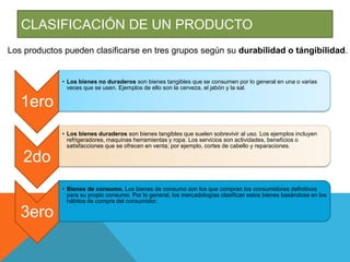 CLASIFICACIÓN DE UN PRODUCTO
1ero
• Los bienes no duraderos son bienes tangibles que se consumen por lo general en una o varias
veces que se usen. Ejemplos de ello son la cerveza, el jabón y la sal.
2do
• Los bienes duraderos son bienes tangibles que suelen sobrevivir al uso. Los ejemplos incluyen
refrigeradores, maquinas herramientas y ropa. Los servicios son actividades, beneficios o
satisfacciones que se ofrecen en venta; por ejemplo, cortes de cabello y reparaciones.
3ero
• Bienes de consumo. Los bienes de consumo son los que compran los consumidores definitivos
para su propio consumo. Por lo general, los mercadologías clasifican estos bienes basándose en los
hábitos de compra del consumidor.
Los productos pueden clasificarse en tres grupos según su durabilidad o tángibilidad.
 