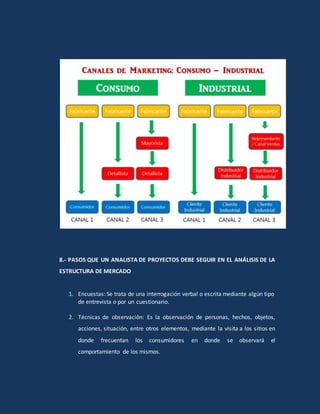 8.- PASOS QUE UN ANALISTA DE PROYECTOS DEBE SEGUIR EN EL ANÁLISIS DE LA
ESTRUCTURA DE MERCADO
1. Encuestas: Se trata de una interrogación verbal o escrita mediante algún tipo
de entrevista o por un cuestionario.
2. Técnicas de observación: Es la observación de personas, hechos, objetos,
acciones, situación, entre otros elementos, mediante la visita a los sitios en
donde frecuentan los consumidores en donde se observará el
comportamiento de los mismos.
 