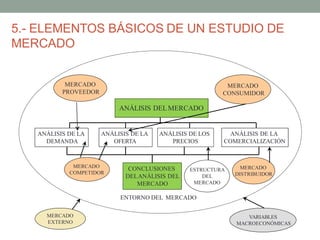 5.- ELEMENTOS BÁSICOS DE UN ESTUDIO DE
MERCADO
MERCADO
CONSUMIDOR
MERCADO
PROVEEDOR
ANÁLISIS DELMERCADO
ANÁLISIS DE LA
DEMANDA
ANÁLISIS DE LA
OFERTA
ANÁLISIS DE LOS
PRECIOS
ANÁLISIS DE LA
COMERCIALIZACIÓN
CONCLUSIONES
DELANÁLISIS DEL
MERCADO
MERCADO
COMPETIDOR
ESTRUCTURA
DEL
MERCADO
MERCADO
DISTRIBUIDOR
MERCADO
EXTERNO
VARIABLES
MACROECONÓMICAS
ENTORNO DEL MERCADO
 