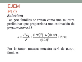 EJEM
PLO
Solución:
Las 500 familias se tratan como una muestra
preliminar que proporciona una estimación de
p=340/500=0.68
Por lo tanto, nuestra muestra será de 2,090
familias.
 