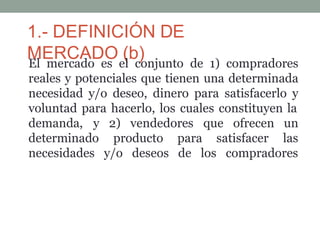 1.- DEFINICIÓN DE
MERCADO (b)
El mercado es el conjunto de 1) compradores
reales y potenciales que tienen una determinada
necesidad y/o deseo, dinero para satisfacerlo y
voluntad para hacerlo, los cuales constituyen la
producto para satisfacer
2) vendedores que ofrecen un
las
demanda, y
determinado
necesidades y/o deseos de los compradores
 