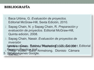 BIBLIOGRAFÍA
1. Baca Urbina, G. Evaluación de proyectos.
Editorial McGraw-Hill, Sexta Edición, 2010.
2. Sapag Chain, N. y Sapag Chain, R. Preparación y
evaluación de proyectos. Editorial McGraw-Hill,
Quinta edición, 2008.
3. Sapag Chain, Nassir. Evaluación de proyectos de
inversión
• en la empresa. Editorial Pearson Educación, 2001.
4. Philip Kotler, Gary Armstrong. Dionisio Cámara
Ibañez,
Editorial
Ignacio Cruz Roche. “Marketing” 10ª. Edición
Pearson Prentice Hall.
5. 2004Imágenes Google.
 
