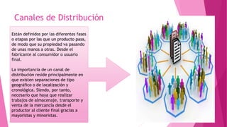 Canales de Distribución
Están definidos por las diferentes fases
o etapas por las que un producto pasa,
de modo que su propiedad va pasando
de unas manos a otras. Desde el
fabricante al consumidor o usuario
final.
La importancia de un canal de
distribución reside principalmente en
que existen separaciones de tipo
geográfico o de localización y
cronológica. Siendo, por tanto,
necesario que haya que realizar
trabajos de almacenaje, transporte y
venta de la mercancía desde el
productor al cliente final gracias a
mayoristas y minoristas.
 