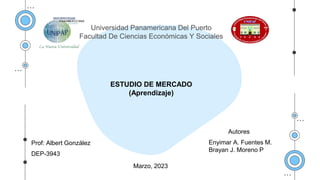 Universidad Panamericana Del Puerto
Facultad De Ciencias Económicas Y Sociales
ESTUDIO DE MERCADO
(Aprendizaje)
Prof: Albert González
Autores
Enyimar A. Fuentes M.
Brayan J. Moreno P
Marzo, 2023
DEP-3943
 