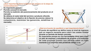 ¿Qué importancia tiene la fijación de precios en la etapa de
comercialización?
Es importante porque:
Permite conocer el mercado.
Permite la medición del posicionamiento del producto en el
mercado
Se obtiene el costo total del servicio o producto ofrecido.
Se determina el objetivo de la fijación de precios (atacar la
competencia, maximizar las ganancias, estabilizar el
mercado).
¿Qué es el punto de equilibrio y qué importancia tiene?
El punto de equilibrio se define como el nivel de ingresos
que un negocio necesita para cubrir los costes totales
durante un periodo de tiempo concreto.
Es importante porque es una herramienta clave para crear
un plan de empresa y actualizarlo de acuerdo a la evolución
de cada proyecto puesto que permite saber en todo
momento si la empresa está perdiendo dinero o no
 