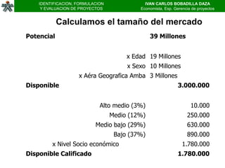 IDENTIFICACION, FORMULACION              IVAN CARLOS BOBADILLA DAZA
     Y EVALUACION DE PROYECTOS             Economista, Esp. Gerencia de proyectos


            Calculamos el tamaño del mercado
Potencial                                       39 Millones


                                       x Edad 19 Millones
                                       x Sexo 10 Millones
                    x Aéra Geografica Amba 3 Millones
Disponible                                                    3.000.000


                             Alto medio (3%)                        10.000
                                  Medio (12%)                     250.000
                           Medio bajo (29%)                       630.000
                                   Bajo (37%)                     890.000
         x Nivel Socio económico                                1.780.000
Disponible Calificado                                         1.780.000
 