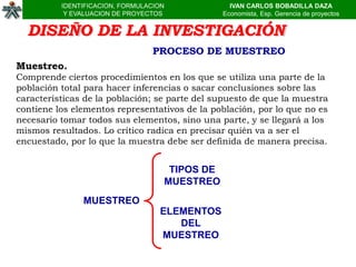IDENTIFICACION, FORMULACION                 IVAN CARLOS BOBADILLA DAZA
           Y EVALUACION DE PROYECTOS                Economista, Esp. Gerencia de proyectos


  DISEÑO DE LA INVESTIGACIÓN
                                 PROCESO DE MUESTREO
Muestreo.
Comprende ciertos procedimientos en los que se utiliza una parte de la
población total para hacer inferencias o sacar conclusiones sobre las
características de la población; se parte del supuesto de que la muestra
contiene los elementos representativos de la población, por lo que no es
necesario tomar todos sus elementos, sino una parte, y se llegará a los
mismos resultados. Lo crítico radica en precisar quién va a ser el
encuestado, por lo que la muestra debe ser definida de manera precisa.


                                         TIPOS DE
                                        MUESTREO
               MUESTREO
                                   ELEMENTOS
                                      DEL
                                   MUESTREO
 
