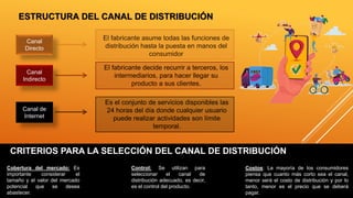 ESTRUCTURA DEL CANAL DE DISTRIBUCIÓN
Canal
Directo
El fabricante asume todas las funciones de
distribución hasta la puesta en manos del
consumidor
Canal
Indirecto
El fabricante decide recurrir a terceros, los
intermediarios, para hacer llegar su
producto a sus clientes.
Canal de
Internet
Es el conjunto de servicios disponibles las
24 horas del día donde cualquier usuario
puede realizar actividades son límite
temporal.
CRITERIOS PARA LA SELECCIÓN DEL CANAL DE DISTRIBUCIÓN
Cobertura del mercado: Es
importante considerar el
tamaño y el valor del mercado
potencial que se desea
abastecer.
Control: Se utilizan para
seleccionar el canal de
distribución adecuado, es decir,
es el control del producto.
Costos: La mayoría de los consumidores
piensa que cuanto más corto sea el canal,
menor será el costo de distribución y por lo
tanto, menor es el precio que se deberá
pagar.
 