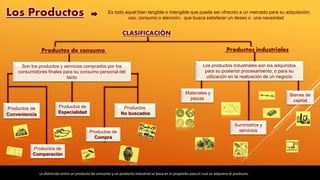 CLASIFICACIÓN
Es todo aquel bien tangible o intangible que puede ser ofrecido a un mercado para su adquisición,
uso, consumo o atención, que busca satisfacer un deseo o una necesidad
Son los productos y servicios comprados por los
consumidores ﬁnales para su consumo personal del
tacto
Los Productos
Productos de consumo Productos industriales
Productos de
Conveniencia
Productos de
Comparación
Productos de
Especialidad
Productos de
Compra
Productos
No buscados
Los productos industriales son los adquiridos
para su posterior procesamiento, o para su
utilización en la realización de un negocio
La distinción entre un producto de consumo y un producto industrial se basa en el propósito para el cual se adquiere el producto.
Materiales y
piezas
Bienes de
capital
Suministros y
servicios
 
