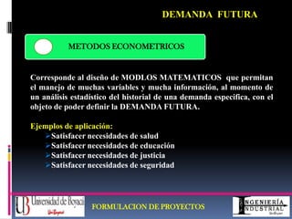 AREA  DEL  MERCADOCARACTERISTICAS QUE DELIMITAN O DEFINEN EL AREA QUE SERA ATENDIDA POR LOS BIENES Y SERVICIOS QUE SERAN OFRECIDOSFORMULACION DE PROYECTOS