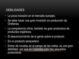 DEBILIDADES 
• La poca inclusión en el mercado europeo. 
• Se debe hacer una gran inversión en producción de 
Orellanas. 
• La competencia china, también es gran productora de 
productos orgánicos. 
• El desconocimiento de la gente sobre el producto 
• Es un producto perecedero. 
• Entrar de novatos en el campo de las celtas, es una gran 
debilidad por que en Colombia solo hay pequeños 
productores 
 