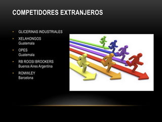 COMPETIDORES EXTRANJEROS 
• GLICERINAS INDUSTRIALES 
• XELAHONGOS 
Guatemala 
• OPES 
Guatemala 
• RB ROOSI BROOKERS 
Buenos Aires Argentina 
• ROMWLEY 
Barcelona 
 