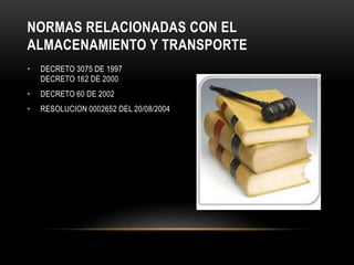 NORMAS RELACIONADAS CON EL 
ALMACENAMIENTO Y TRANSPORTE 
• DECRETO 3075 DE 1997 
DECRETO 162 DE 2000 
• DECRETO 60 DE 2002 
• RESOLUCION 0002652 DEL 20/08/2004 
 