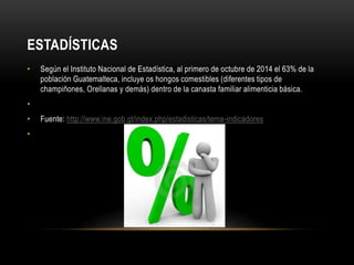 ESTADÍSTICAS 
• Según el Instituto Nacional de Estadística, al primero de octubre de 2014 el 63% de la 
población Guatemalteca, incluye os hongos comestibles (diferentes tipos de 
champiñones, Orellanas y demás) dentro de la canasta familiar alimenticia básica. 
• 
• Fuente: http://www.ine.gob.gt/index.php/estadisticas/tema-indicadores 
• 
 